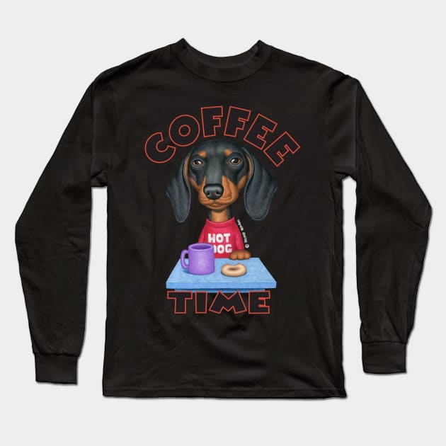 cute coffee awesome Doxie Black Dachshund Coffee Drinker Long Sleeve T-Shirt by Danny Gordon Art